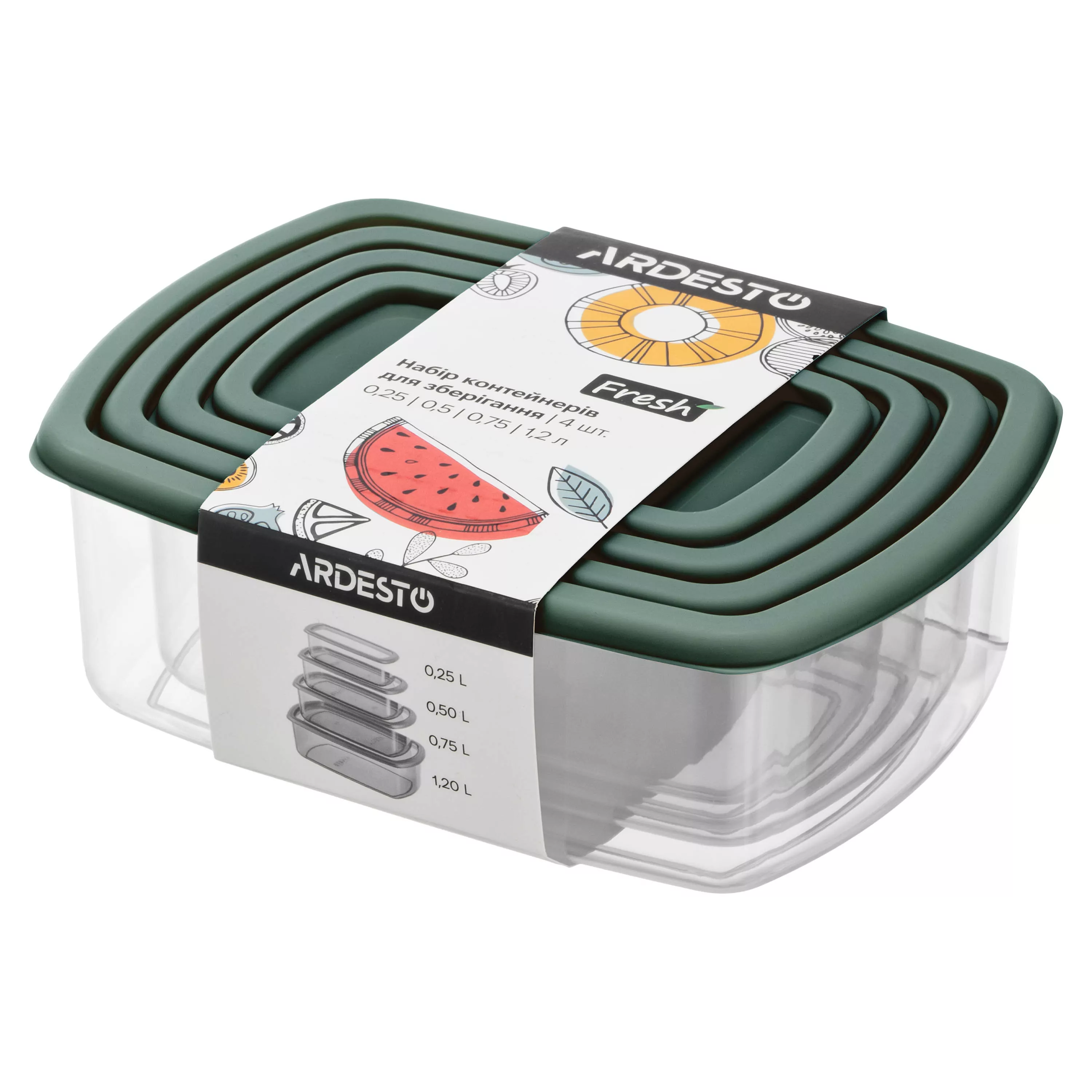 Набір контейнерів для зберігання харчових продуктів 4 шт Ardesto Fresh 0.25 / 0.5 / 0.75 / 1.2 л зелений